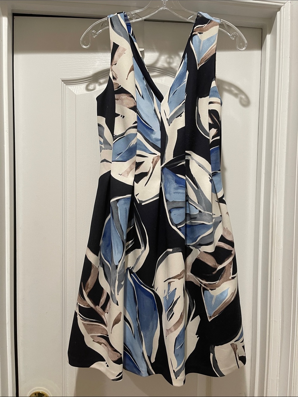 Vince Camuto Black, Blue & Cream Abstract Floral Midi Dress